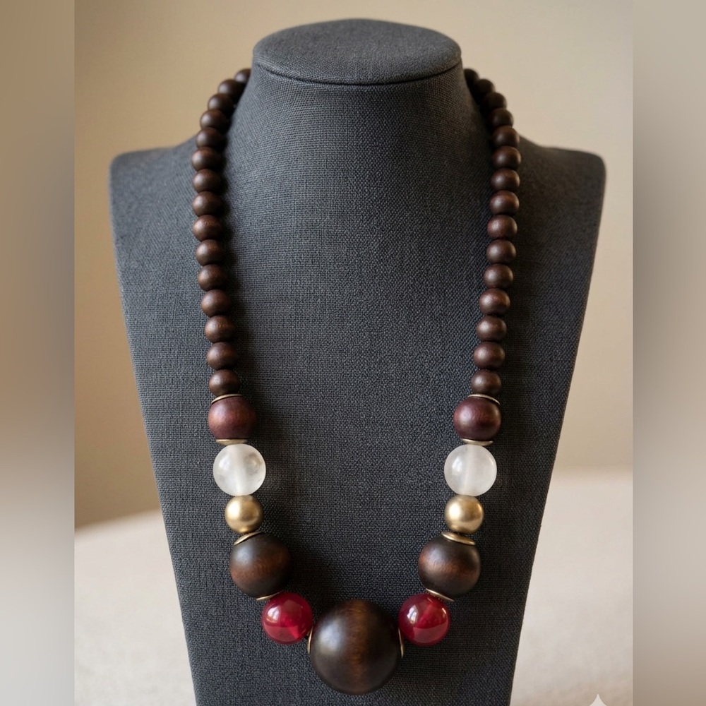 Chunks Brown Wood Bead Necklace with Red and Gold Accents